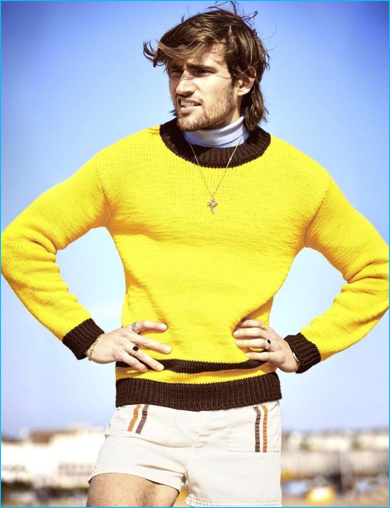 Jack Tyerman wears a yellow Gucci sweater with vintage shorts for British  GQ Style.