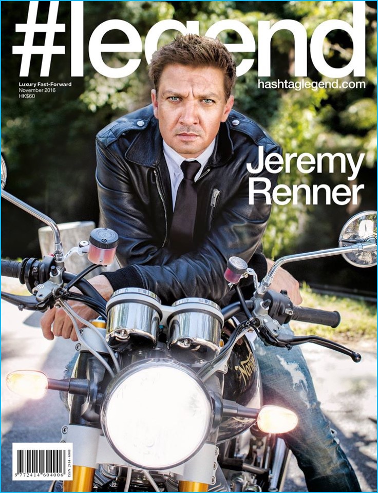 Jeremy Renner sits on a motorcycle for the November 2016 cover of #Legend.