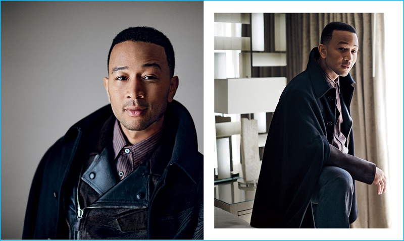 Singer John Legend wears an Alexander McQueen cape with a Canali biker jacket, Prada shirt, and Gucci trousers.