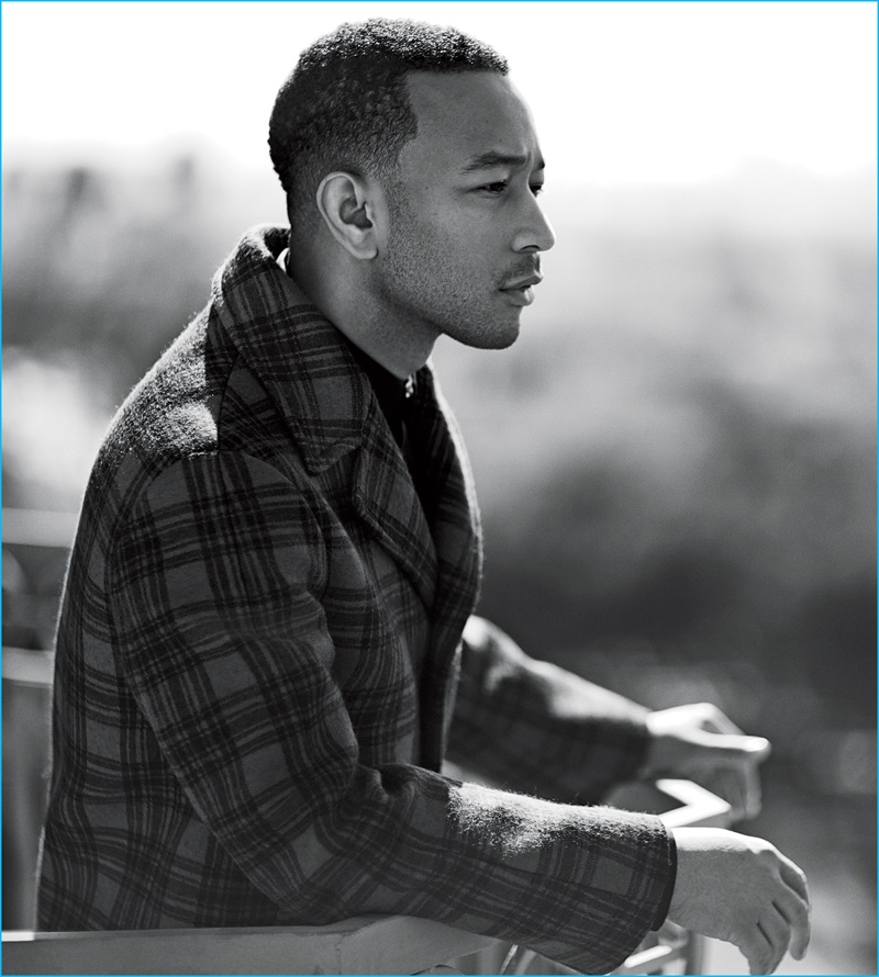 Mike Rosenthal photographs John Legend in a check Gucci coat with a Prada shirt.