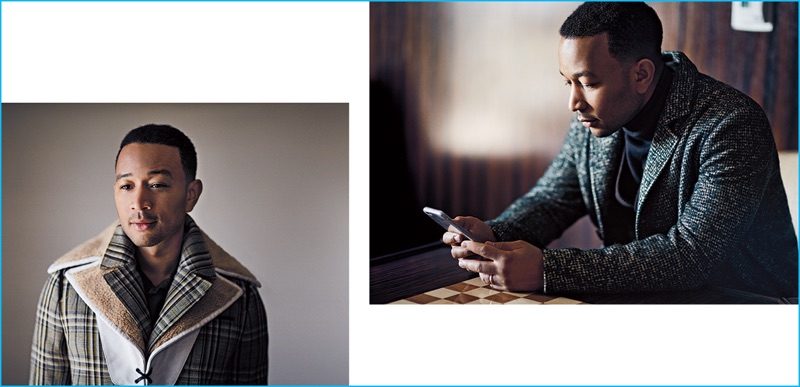 Left, John Legend wears a plaid Prada coat with a Lanvin shirt. Right, John Legend sports an Etro overcoat and turtleneck with with a Giorgio Armani waistcoat.