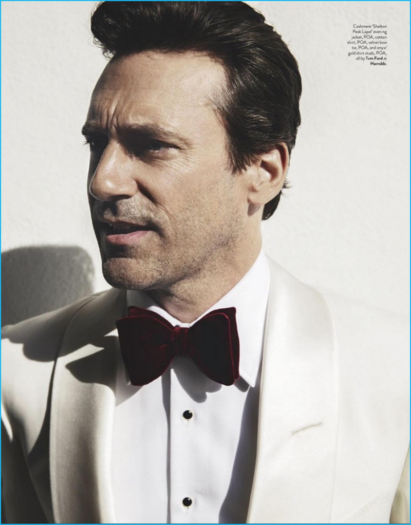 Actor Jon Hamm wears an off-white tuxedo by Tom Ford for GQ Australia.