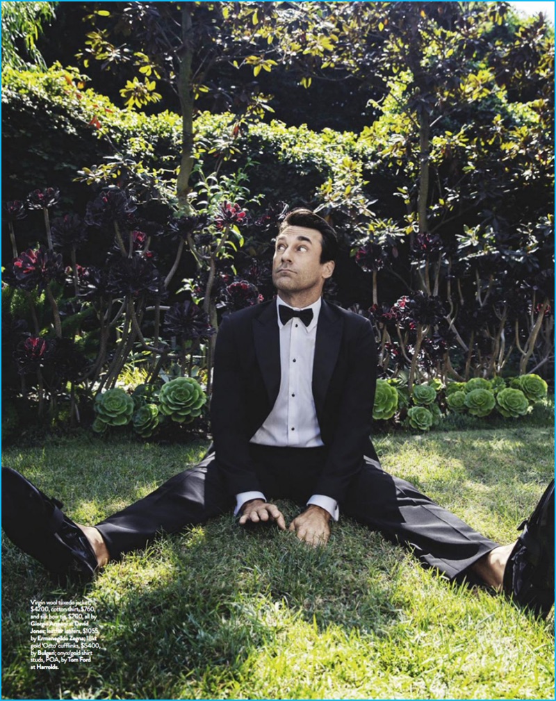 Charming in a photo shoot for GQ Australia, Jon Hamm dons a Giorgio Armani tuxedo jacket, shirt, and silk bow-tie with Ermenegildo Zegna loafers, Bulgari cufflinks, and Tom Ford shirt studs.