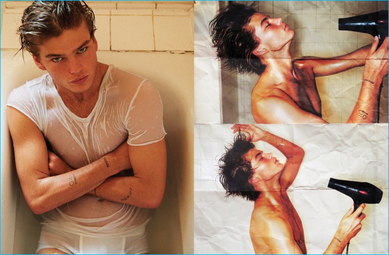 Australian model Jordan Barrett takes a shower with Seventh Man magazine.