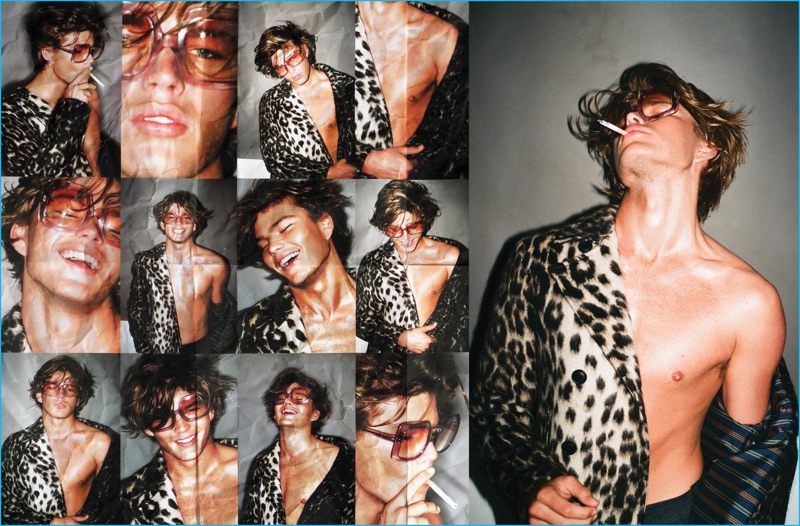 Jordan Barrett rocks a leopard coat by Etro for Seventh Man.