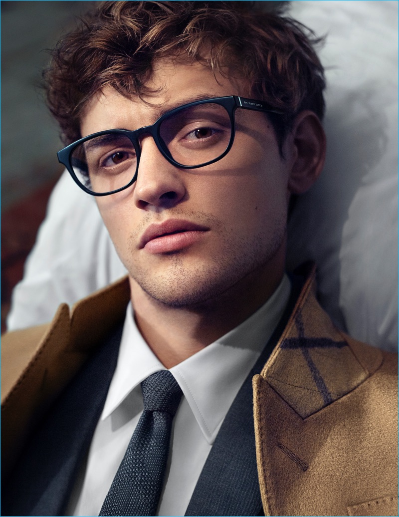 Josh Whitehouse wears smart optical frames for Mr. Burberry's new eyewear campaign.
