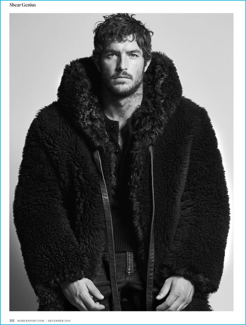 Front and center, Justice Joslin wears a Dolce & Gabbana shearling coat with a cashmere sweater and denim jeans.