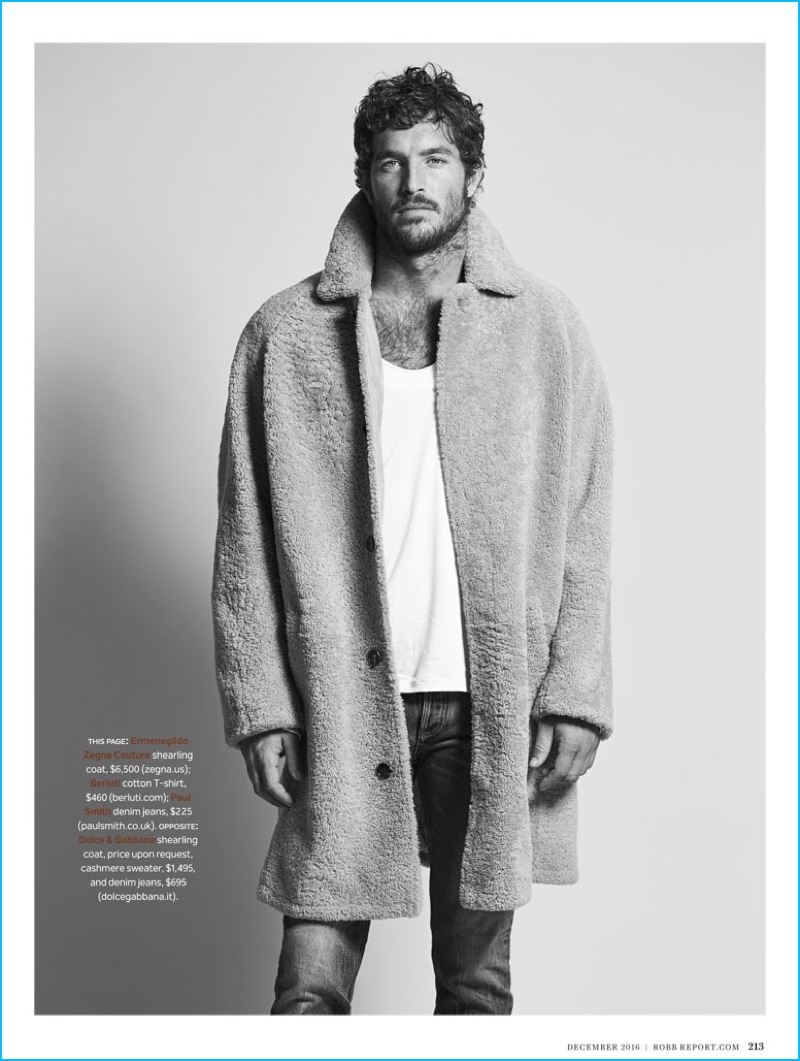 Model Justice Joslin sports an Ermenegildo Zegna Couture shearling coat, Berluti t-shirt, and Paul Smith denim jeans.