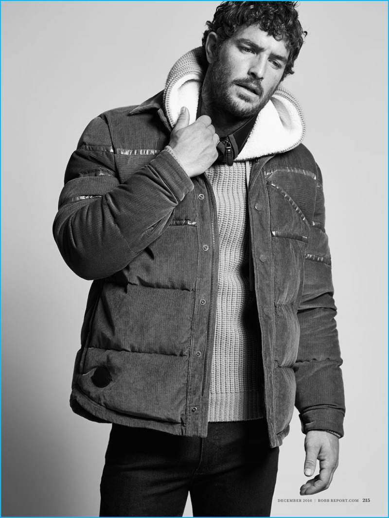Christopher Campbell styles Justice Joslin in a Moncler jacket, Michael Kors hooded sweater, Burberry track jacket, and Cesare Attolini denim jeans.