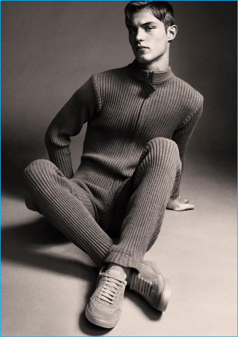 Jonathan Ailwood outfits Kit Butler in a ribbed wool jumpsuit from Pierre Cardin.