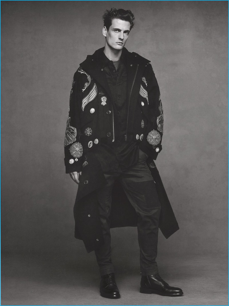 Leo Eller appears in an editorial for SKP magazine, wearing a Dries Van Noten coat. The German model also sports a shirt, pants, and leather boots from BOSS by Hugo Boss.