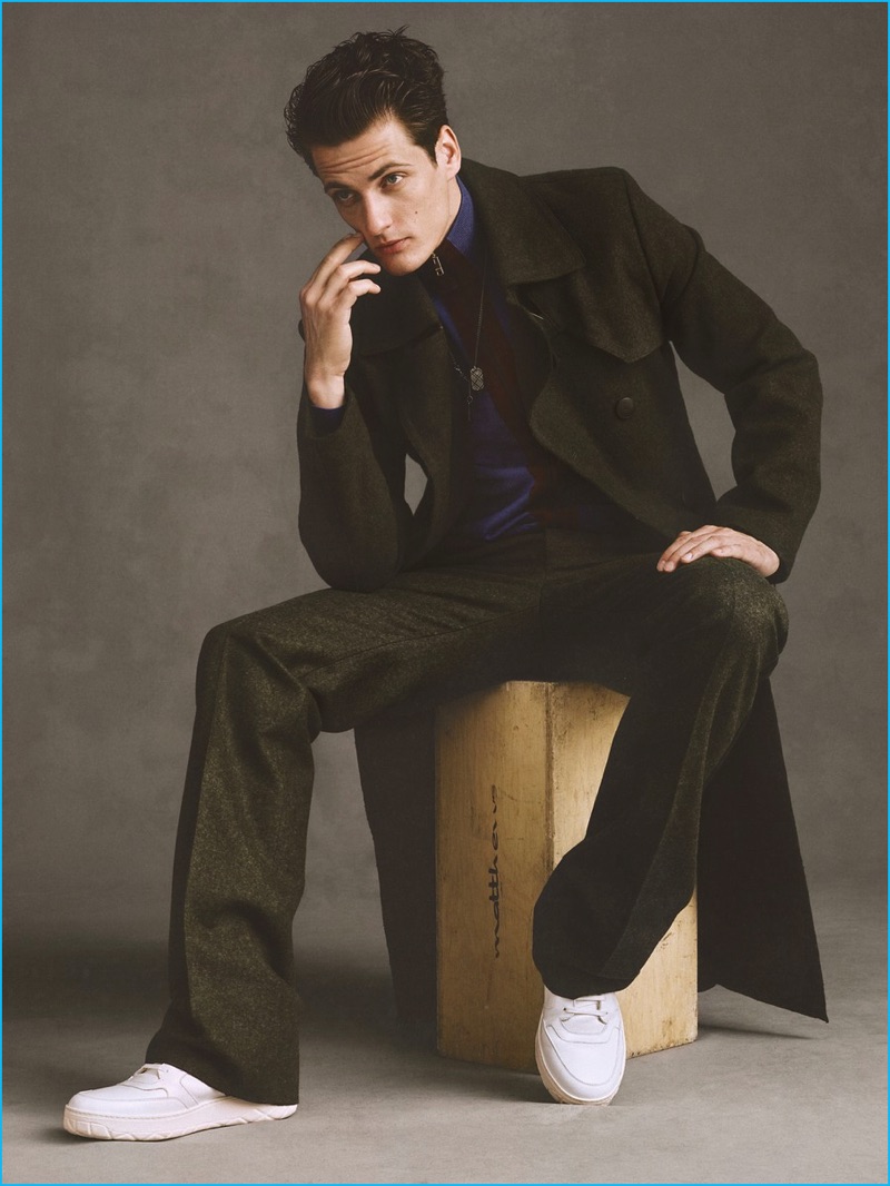 Model Leo Eller sports all clothes Bottega Veneta and Moncler leather sneakers for SKP magazine.