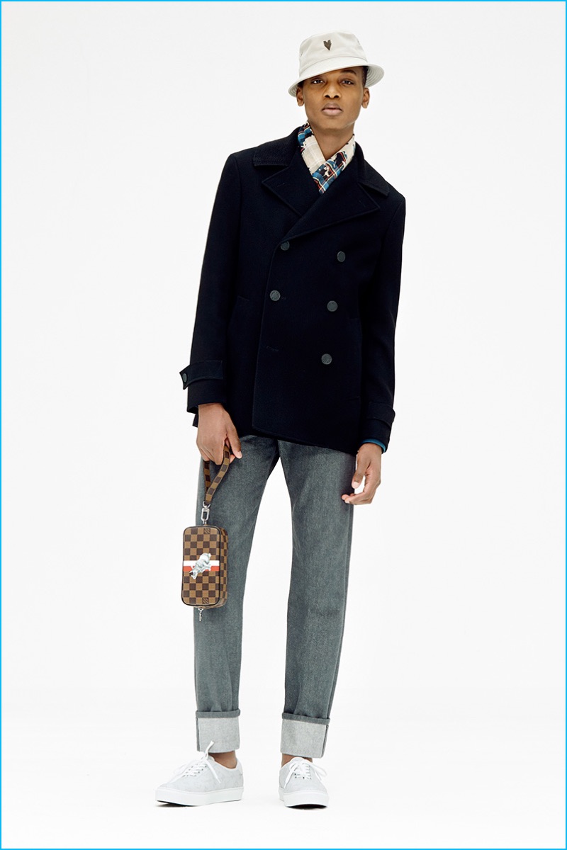 Louis Vuitton goes casual with a peacoat and jeans for its pre-spring 2017 collection.