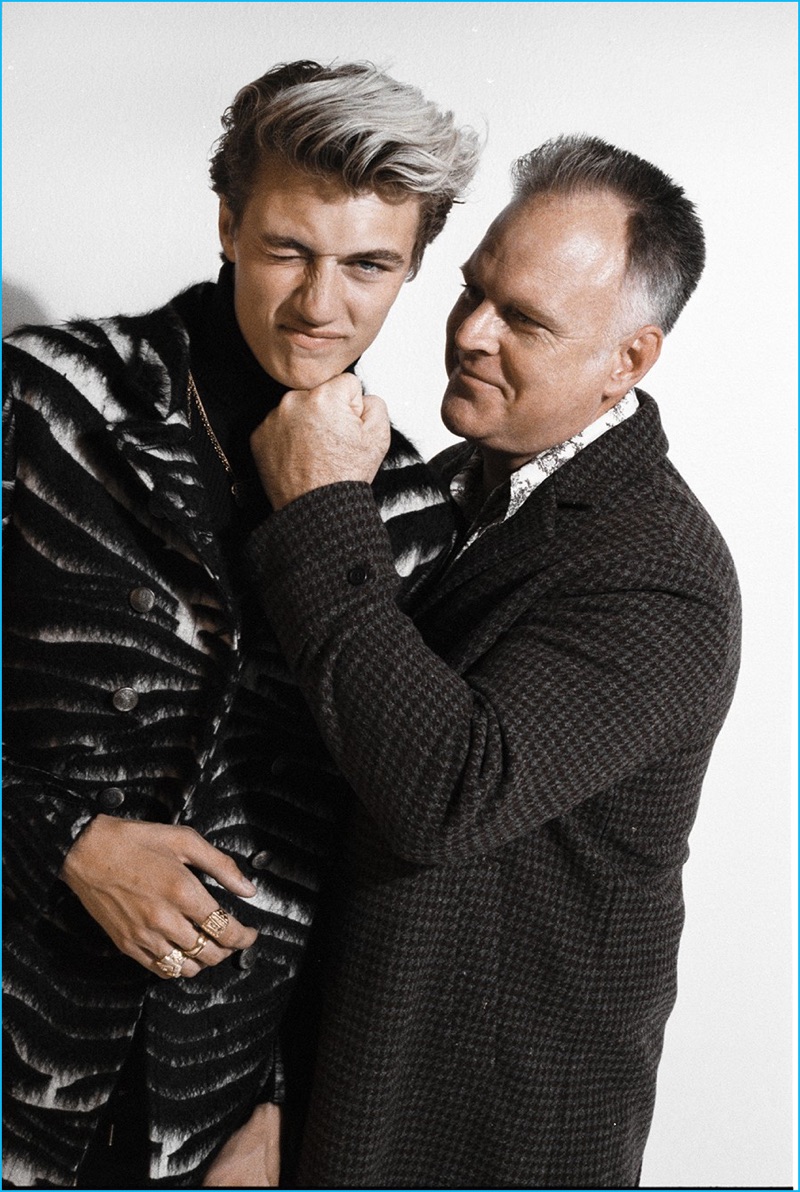 Lucky Blue Smith poses with his father for a Paper magazine photo shoot.