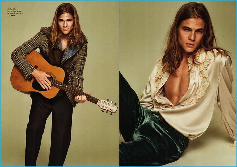 Koko Nichakul Kitayanubhongse outfits Malcolm Lindberg in Prada and Burberry for Harper's Bazaar Men Thailand.