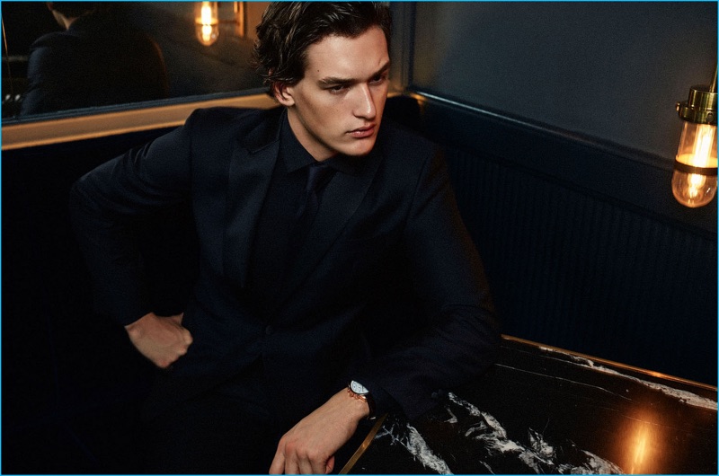 Embracing all black, Jegor Venned dons an evening look from Massimo Dutti.