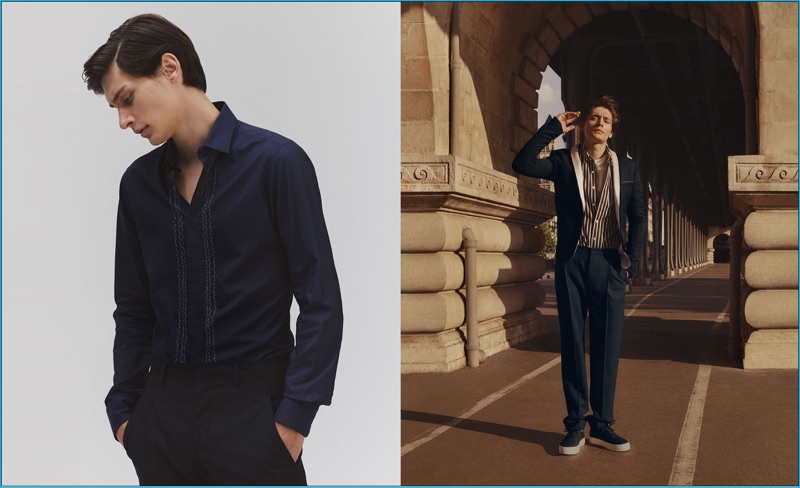 Left: Timur Simakov wears an embroidered bib shirt and wool trousers by Lanvin. Right: Timur sports a Haider Ackermann dinner jacket with a Tomorrowland striped shirt, James Perse t-shirt, Givenchy trousers, and Eytys sneakers.