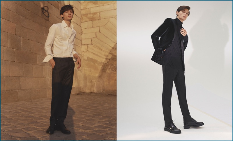 Pictured left, Timur Simakov sports a Maison Margiela shirt, James Perse t-shirt, Maison Margiela pinstripe trousers, and Lanvin leather shoes. Right: Timur dons a Saint Laurent velvet dinner jacket with a Haider Ackermann turtleneck, Maison Margiela trousers, and Burberry dress shoes.