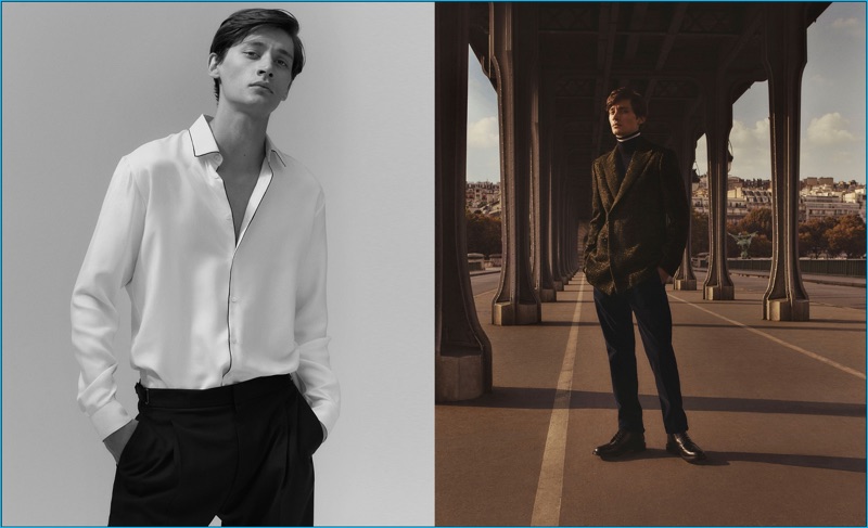 Left: Timur Simakov rocks a contrast-trim shirt by Burberry with Lanvin trousers. Right: Timur steps outdoors in a double-breasted tweed blazer by Bottega Veneta with a Paul Smith turtleneck sweater, Massimo Alba velvet pants, and Gucci leather boots.