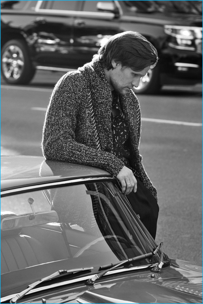 Christophe Meimoon photographs Matt Smith in an Etro oversized wool cardigan, Givenchy silk shirt, and Acne Studios trousers.