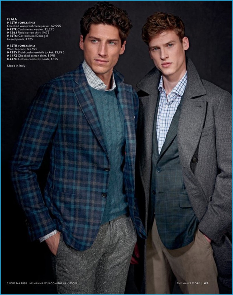 Models Ryan Kennedy and Joel Meacock wears suiting separates and knitwear by ISAIA.