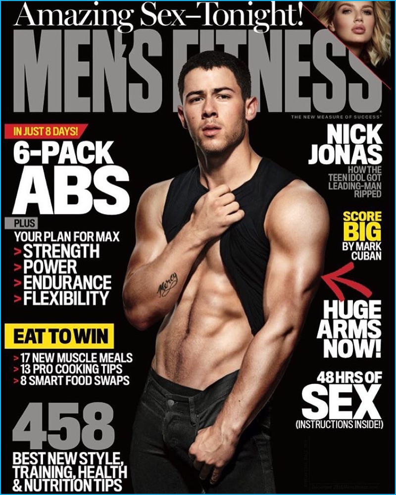 Nick Jonas shows off his abs for the December 2016 cover of Men's Fitness.