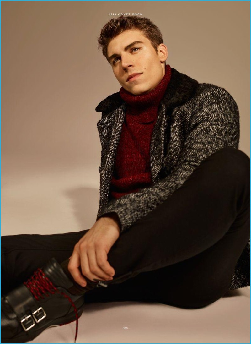 Ian Bradley outfits Nolan Gerard Funk in a Michael Kors jacket and pants. Funk also sports an Orley sweater and Dior Homme shoes.