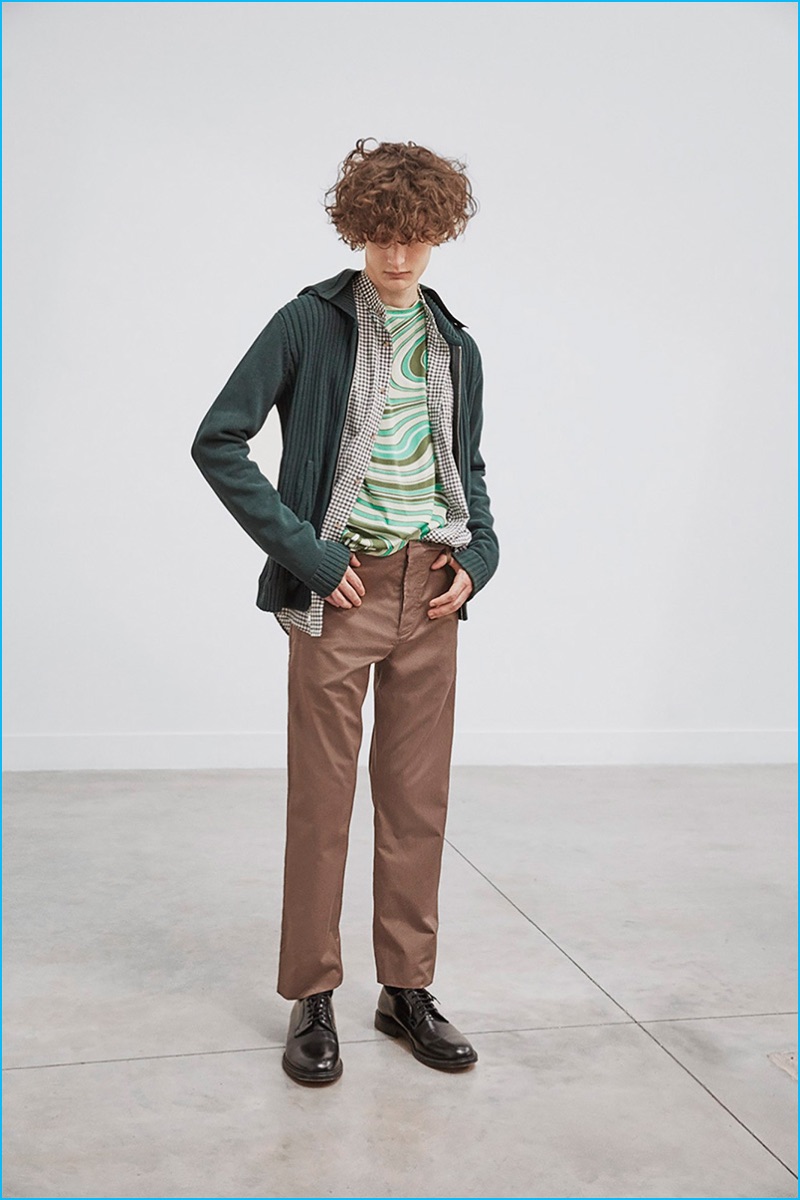 Model Vivien Lawson layers geek-chic separates in tones of green and brown from Orley's spring-summer 2017 collection.