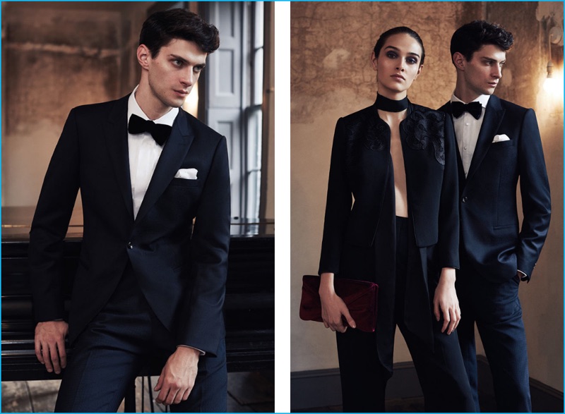 Approaching party season, Matthew Bell dons Reiss' Meridian peak lapel wool jacket in navy. Matthew also sports Reiss' Carter slim jacquard trousers, a Brando double velvet bow-tie, and a Lloris bib front cotton shirt.