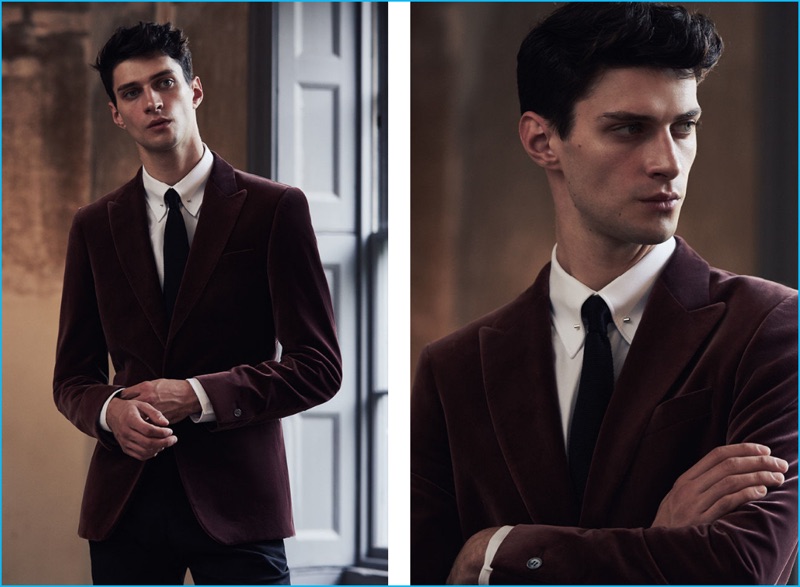 Inspiring, to say the least, Matthew Bell models Reiss' dusky rose velvet blazer with a Noble textured collar shirt, Shaun slim silk tie, and Murphy tonal check trousers in bordeaux.