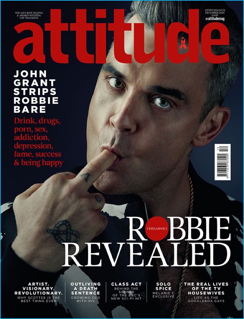 Robbie Williams covers the December 2016 issue of Attitude magazine.
