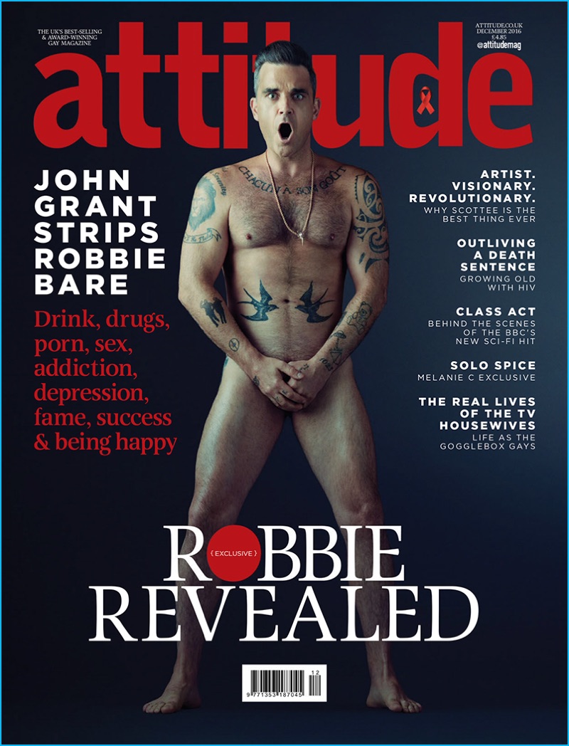 Singer Robbie Williams goes nude for the December 2016 cover of Attitude magazine.