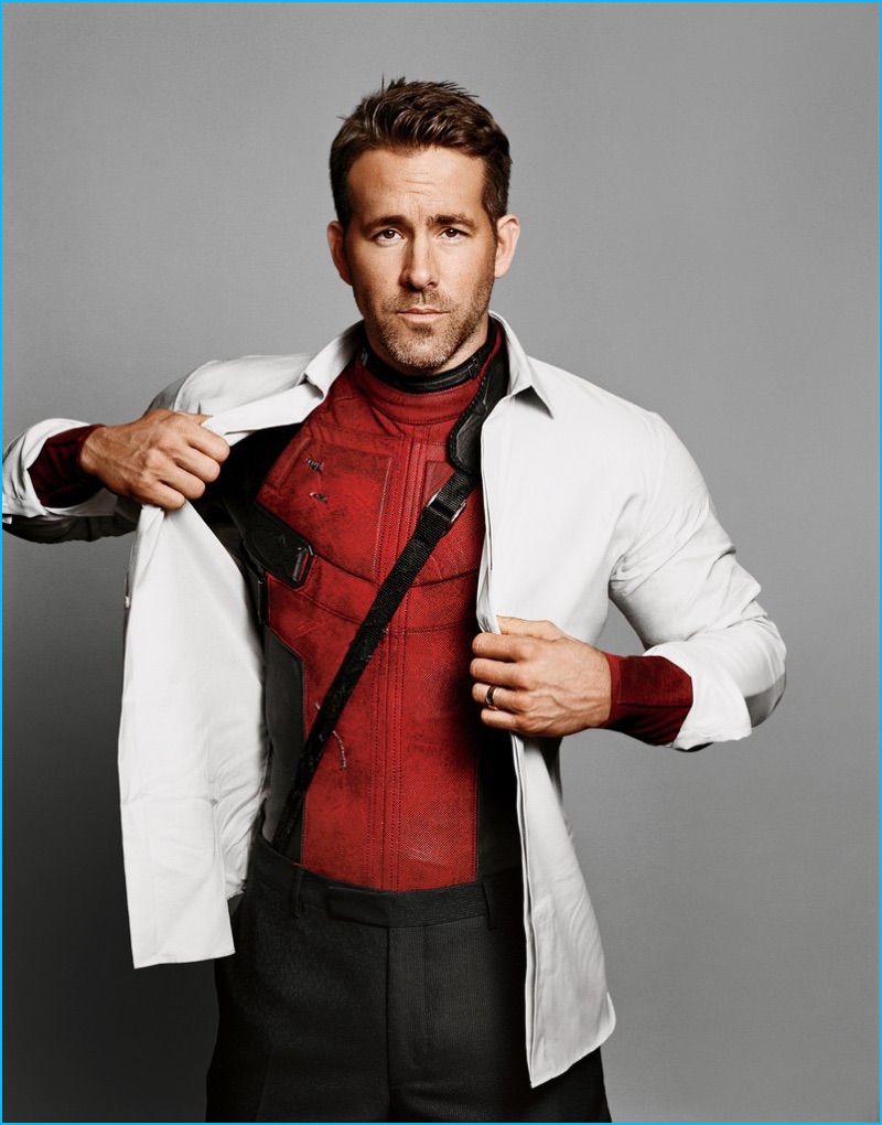 Alasdair McLellan photographs Ryan Reynolds in a white shirt, tie, and suit from Dior Homme.