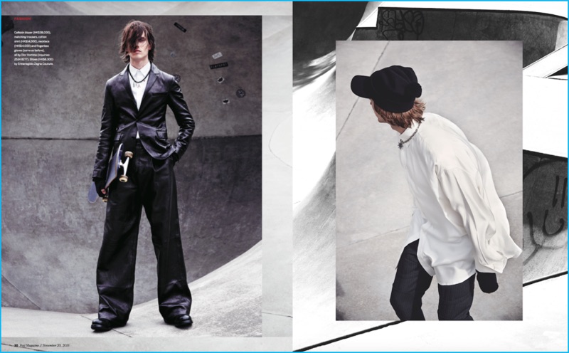 Lee Holden dresses Sam Lammar in Ermenegildo Zegna Couture, Dior Homme and other brands for a skate themed editorial.