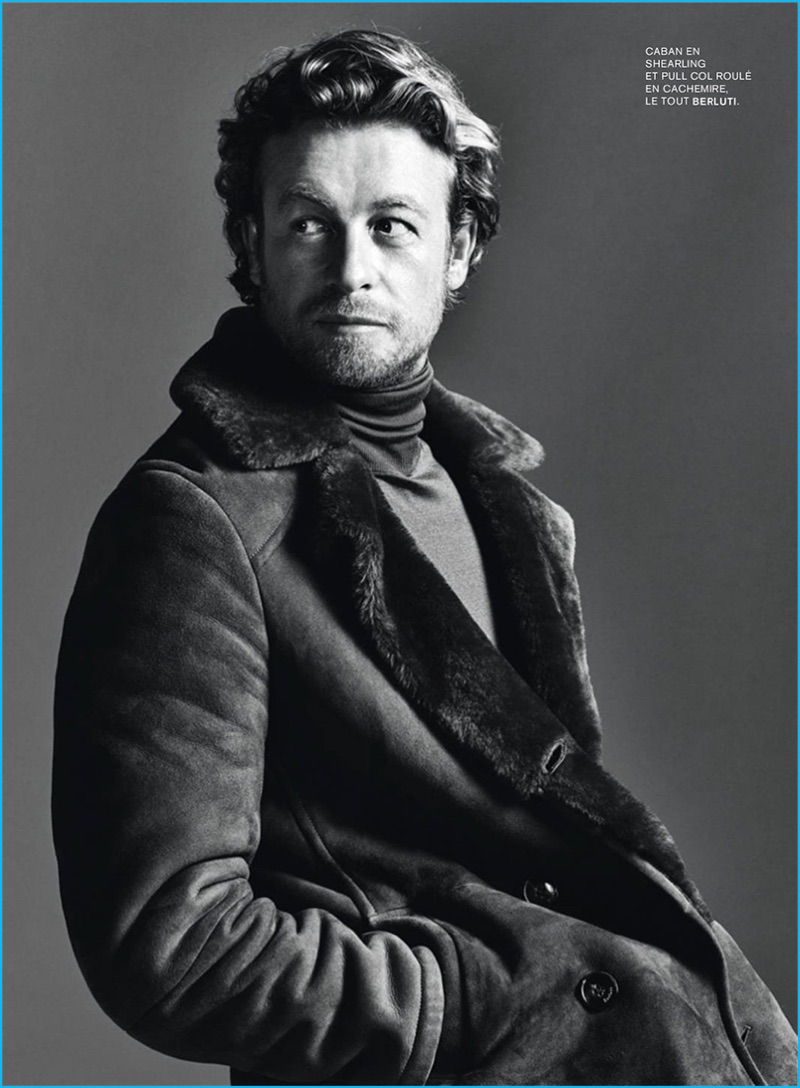 Appearing in L'Express Styles, Simon Baker dons a shearling coat and cashmere turtleneck from Berluti.