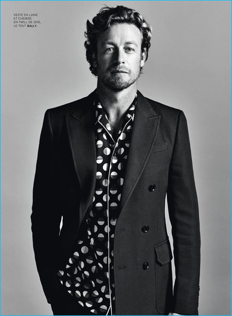 Christopher Meimoon photographs Simon Baker in a printed shirt and double-breasted jacket from Bally.