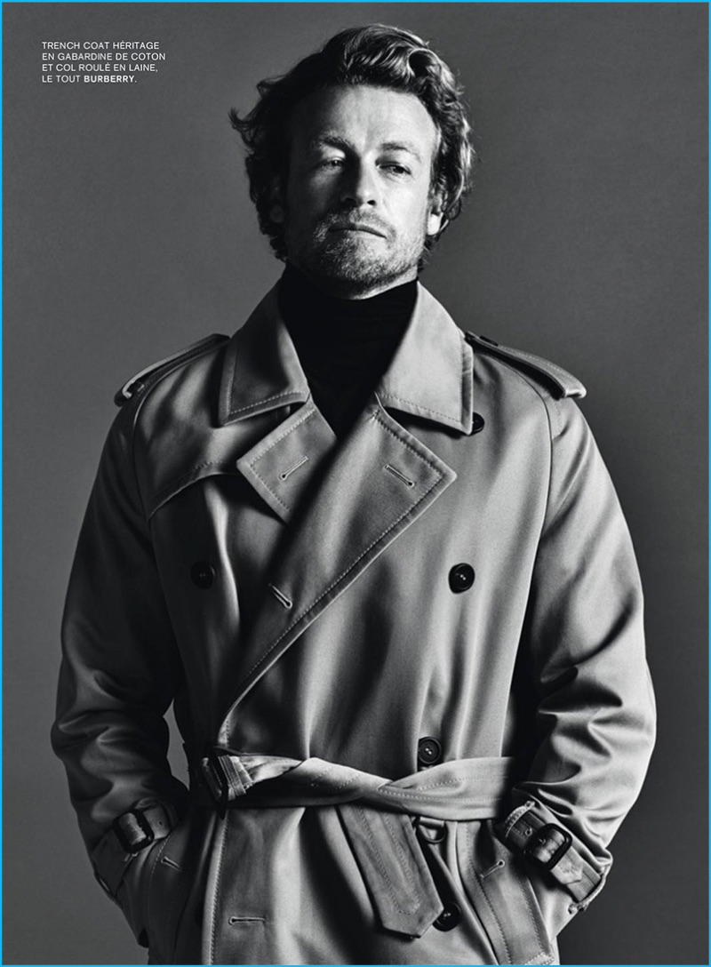Barbara Loison outfits Simon Baker in a trench coat and turtleneck from Burberry.