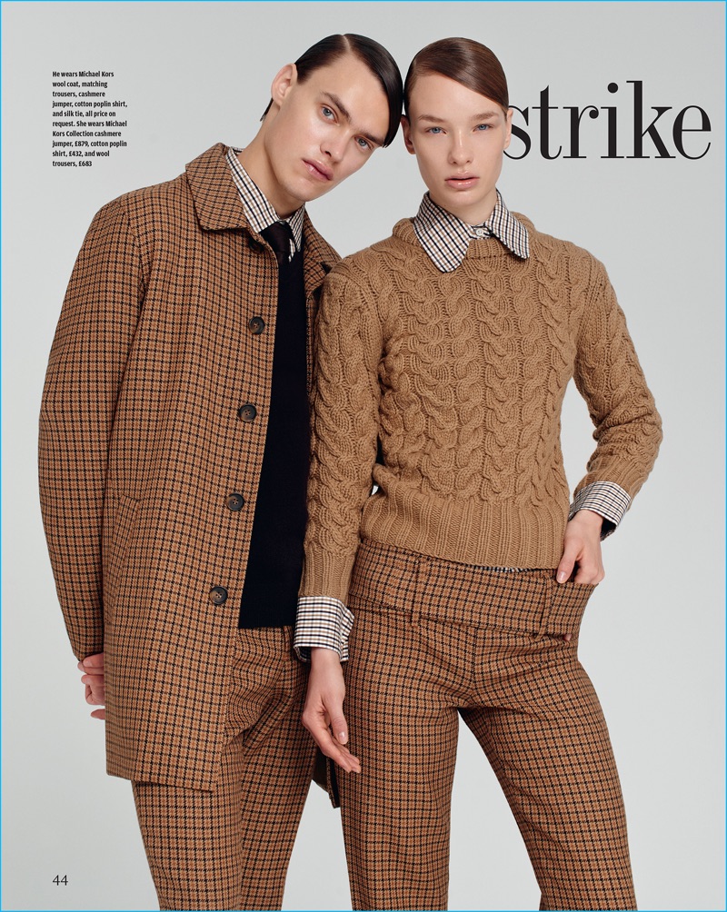 Simon Kuzmickas and Charlotte Kay wear camel hued fashions from Michael Kors for How to Spend It.