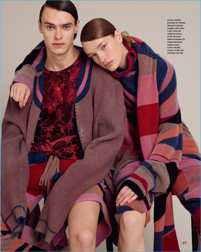 Knitwear is front and center as Simon Kuzmickas and Charlotte Kay sport knitwear from Vivienne Westwood.