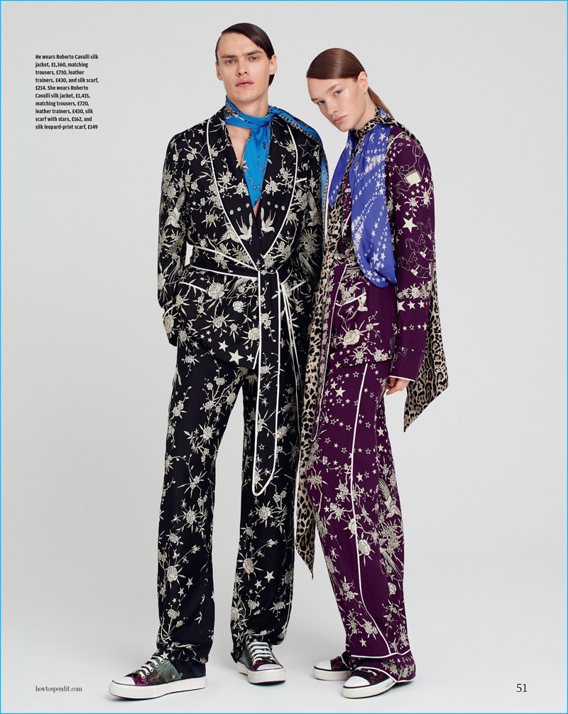 Embracing bold prints, Simon Kuzmickas and Charlotte Kay model Roberto Cavalli.