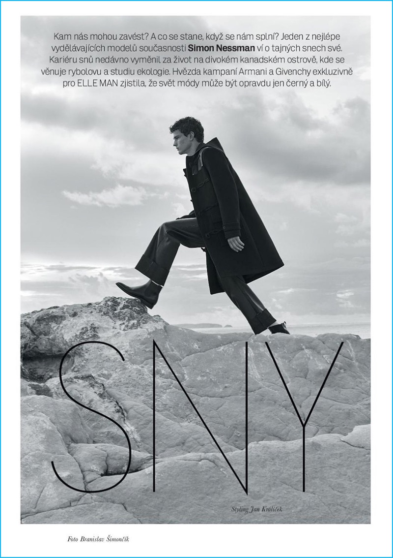 Branislav Simoncik photographs Simon Nessman in a Givenchy coat with Emporio Armani trousers and Bally boots.