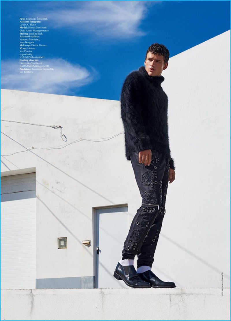 Jan Kralicek outfits Simon Nessman in a Versace look with Calvin Klein Collection shoes.