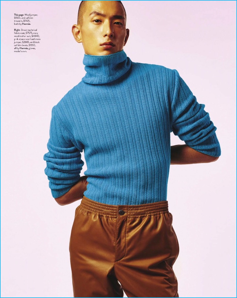 A chic vision, Sung Jin Park wears a turtleneck sweater and leather pants by Hermès.