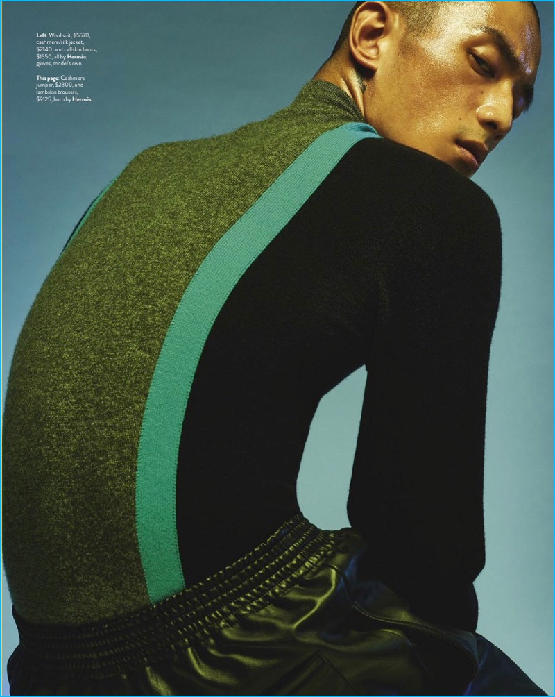 Philippe Vogelenzang photographs Sung Jin Park in a color-blocked sweater and leather pants by Hermès.