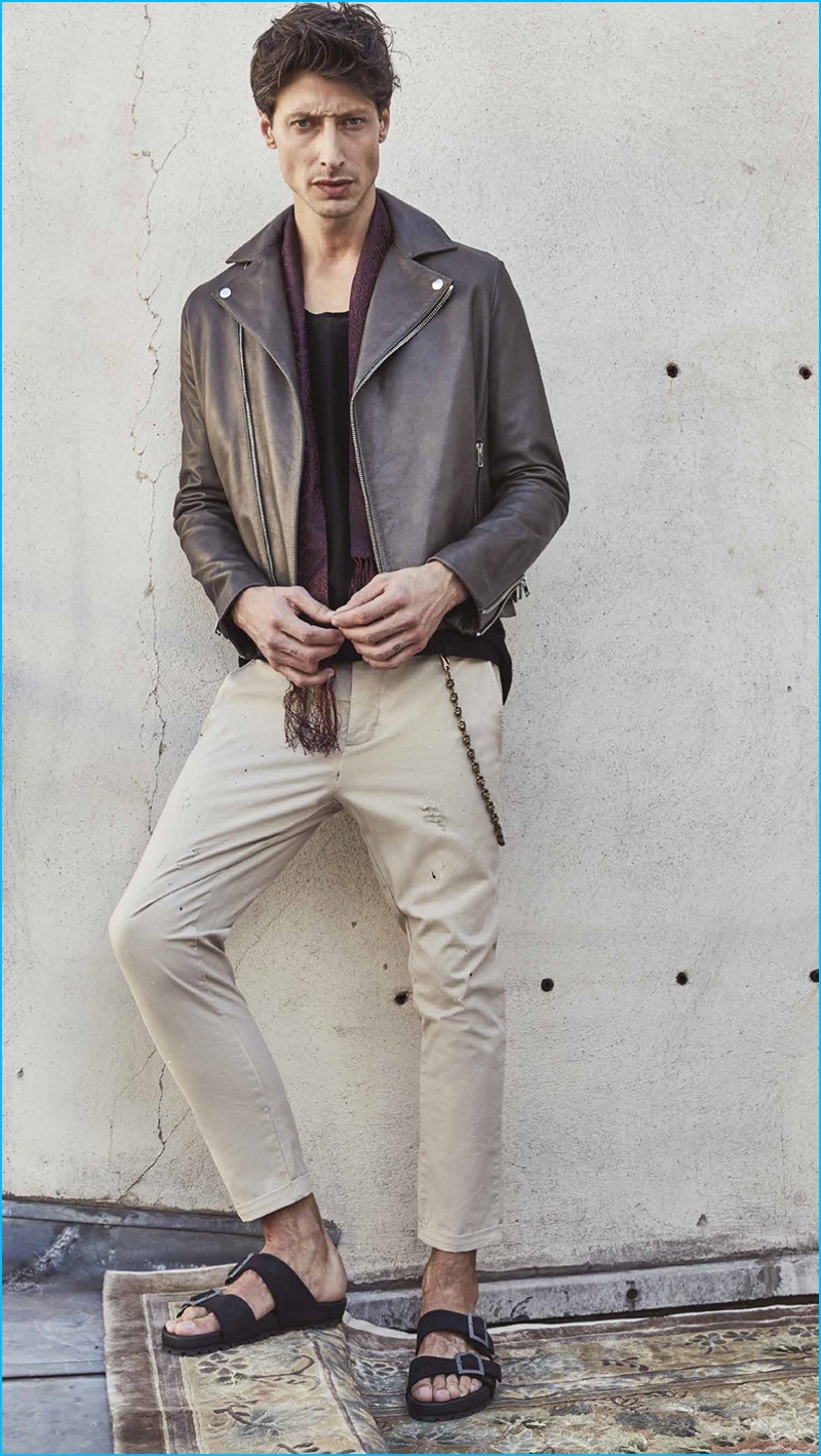 Jonas Mason sports a leather biker jacket with distressed khaki pants from The Kooples' spring-summer 2017 collection. » Travel the World with The Kooples' Spring 2017 Collection Jonas Mason sports a leather biker jacket with distressed khaki pants from The Kooples' spring-summer 2017 collection.