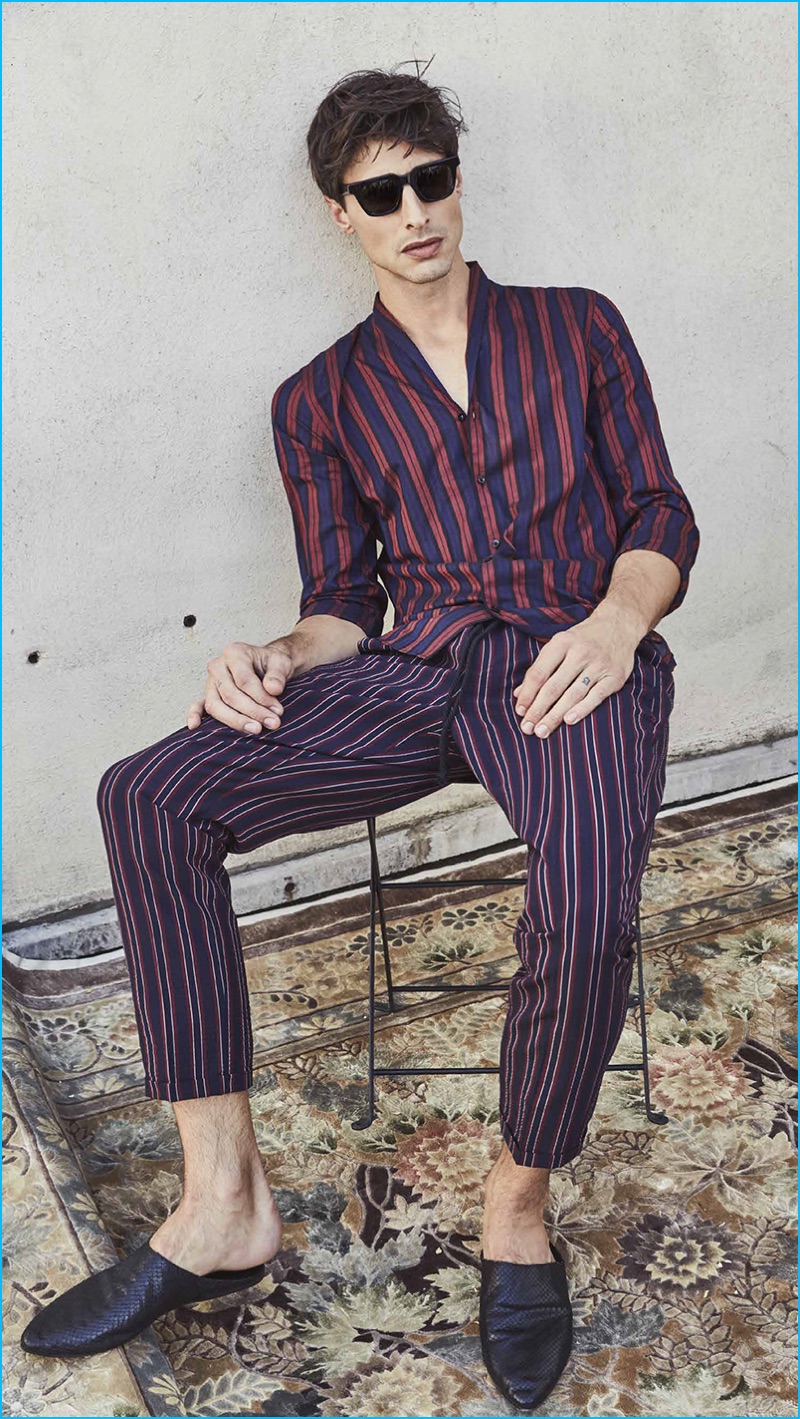 Mixing stripes, Jonas Mason models a pajama inspired number from The Kooples' spring-summer 2017 collection. » Travel the World with The Kooples' Spring 2017 Collection Mixing stripes, Jonas Mason models a pajama inspired number from The Kooples' spring-summer 2017 collection.