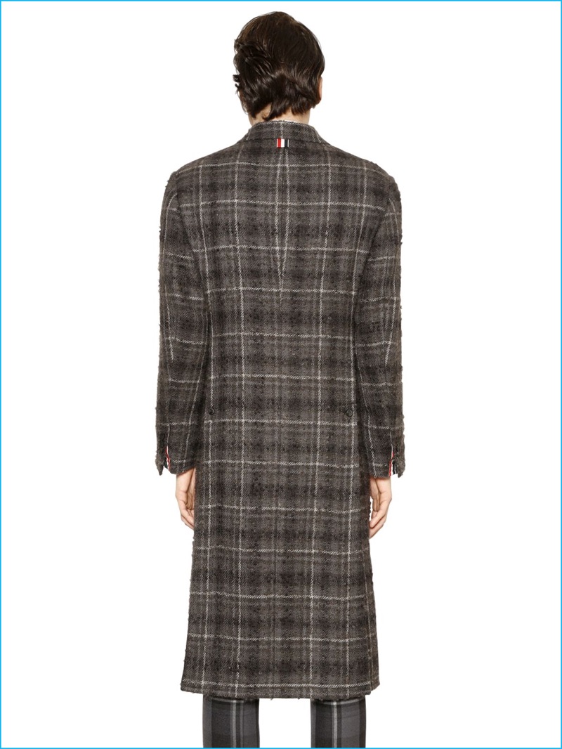 Back details of Thom Browne's plaid wool and mohair boucle coat.