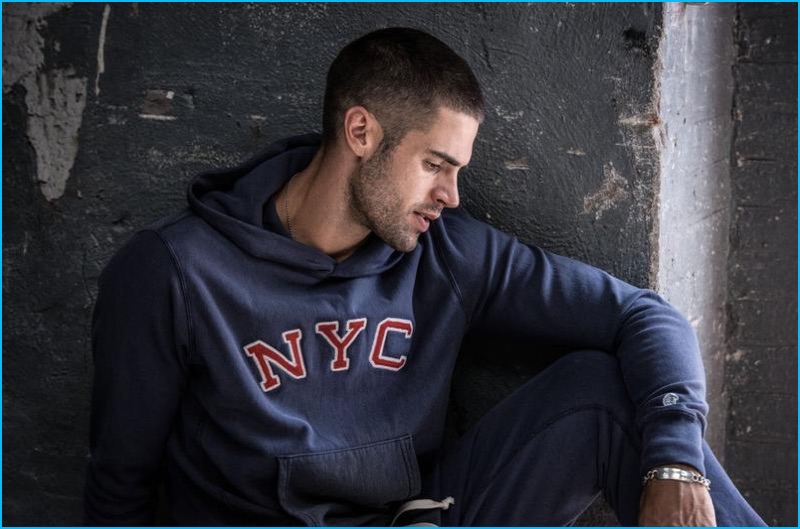 Model Chad White sports a NYC sweatshirt from Todd Snyder x Champion's fall 2016 collection.