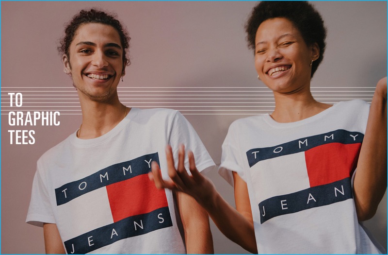 All smiles, Tre Samuels and Lineisy Montero model logo shirts from Tommy Jeans.