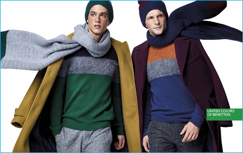 Xavier Serrano and Tomas Skoloudik layer in scarves, knitwear, and coats for United Colors of Benetton's winter 2016 campaign.
